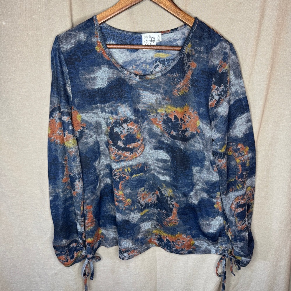 Parsley & Sage Womens Blue Abstract Print Long Sleeve Cinch Side Knit Top Small